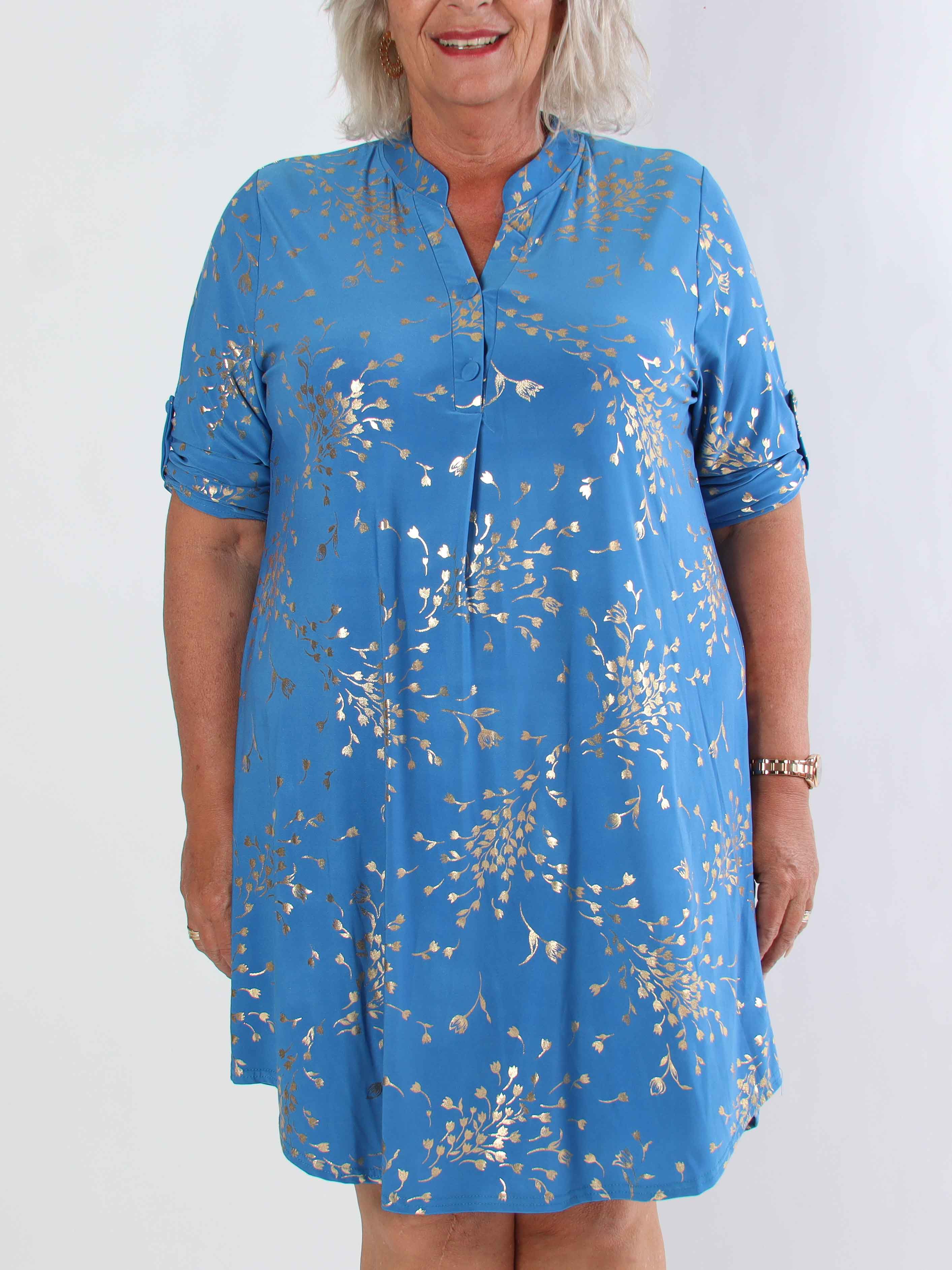 Ebba Gold Leaf Long - Elastisk ensfarvet plus size kjole med guld blomsterprint